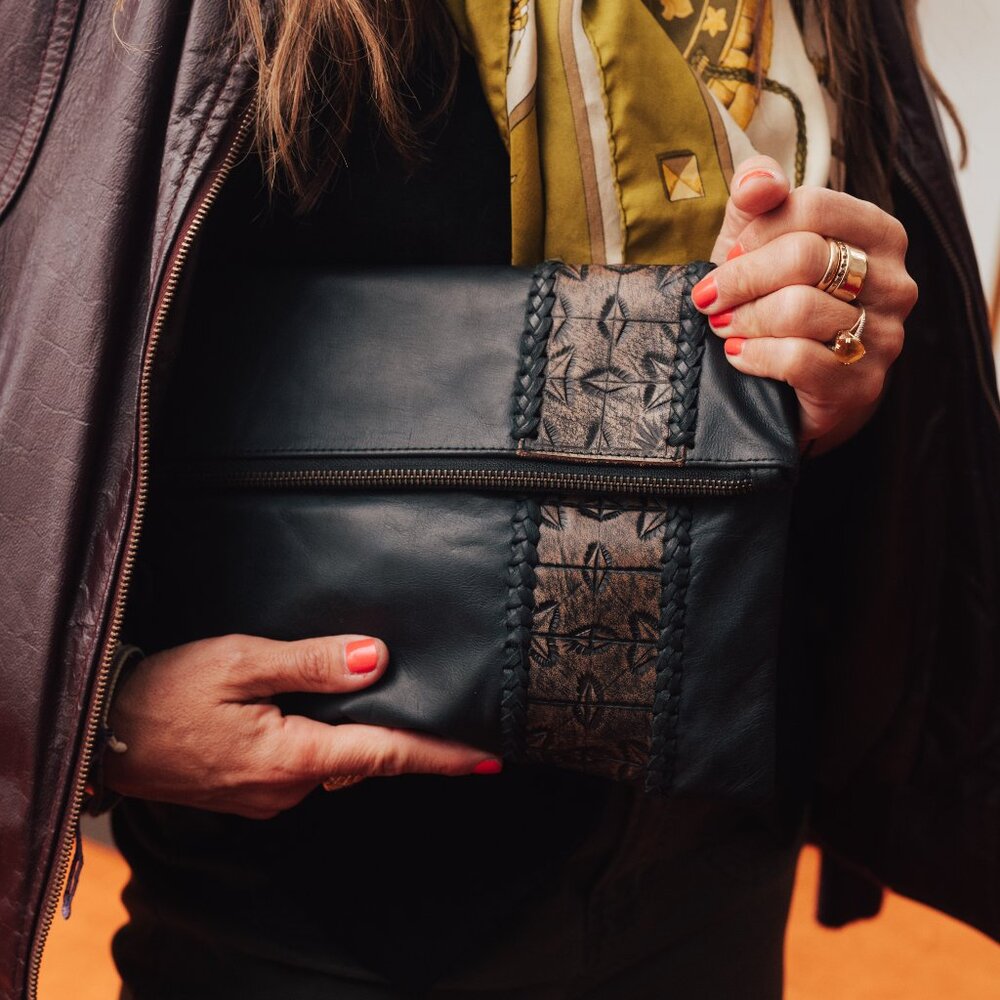 Handmade Bali Leather Clutch • Artisan Tooled Panel • Boho Luxe